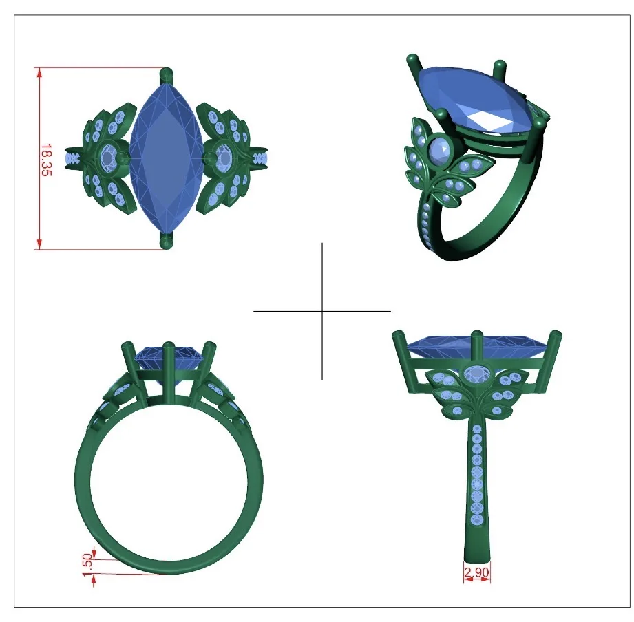 Marquise engagement ring CAD render used to plan a custom setting.